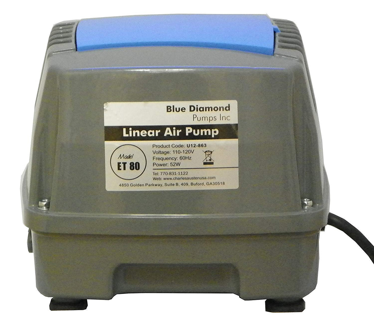 Blue Diamond Enviro ET80 front view with compact aluminum chassis for efficient pond aeration