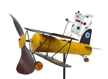 Blue Handworks Spike Dog Aviator Whirligig front view, wind-powered garden art for outdoor charm