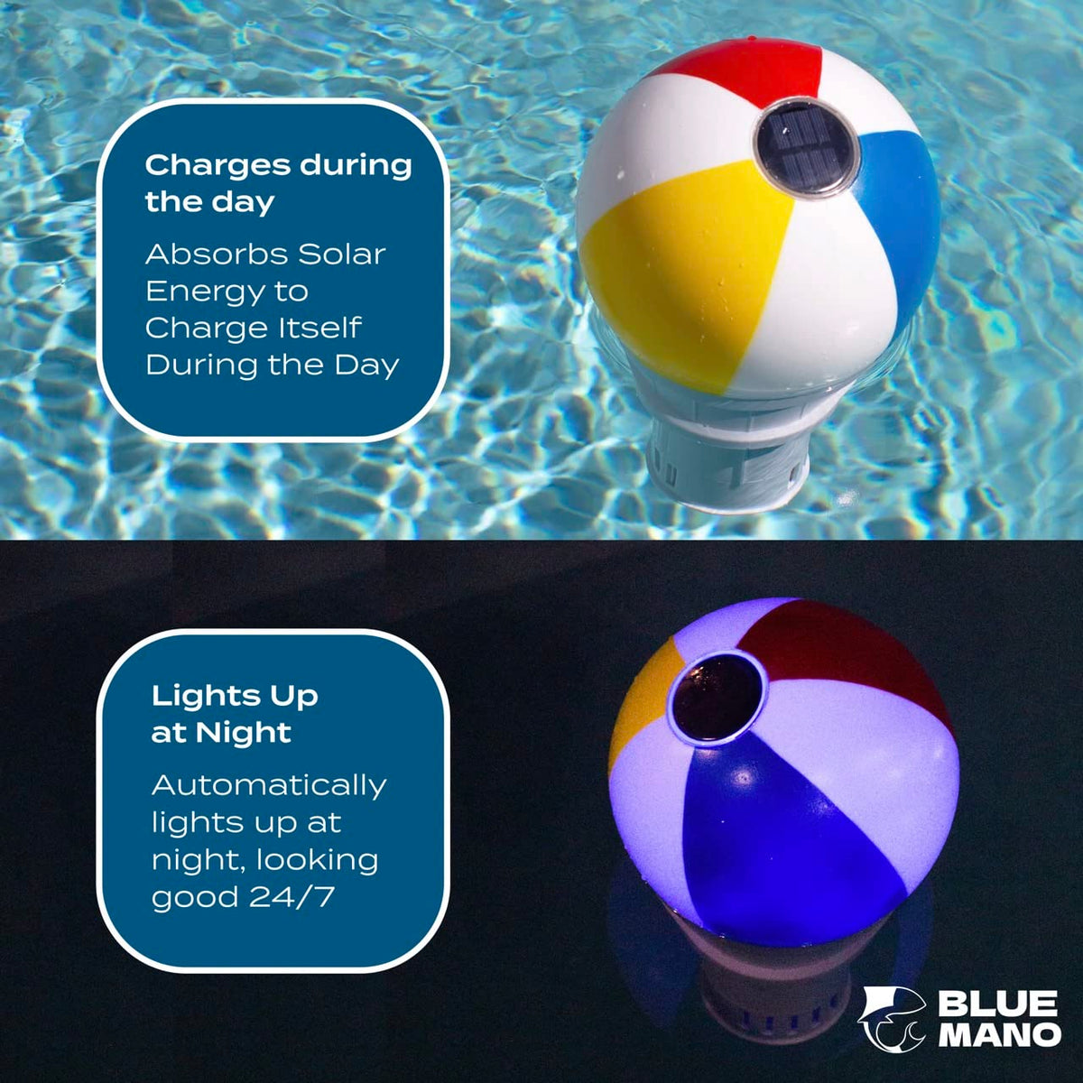 Blue Mano Beach Ball chlorine dispenser with large capacity holds up to five tablets.