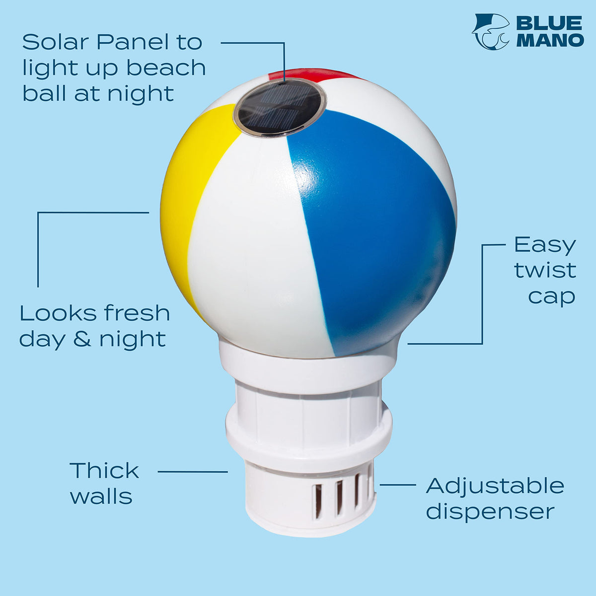 Blue Mano Beach Ball chlorine dispenser lights up at night for ambient pool illumination.
