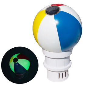 Blue Mano Beach Ball chlorine dispenser floating for steady tablet release in pool.