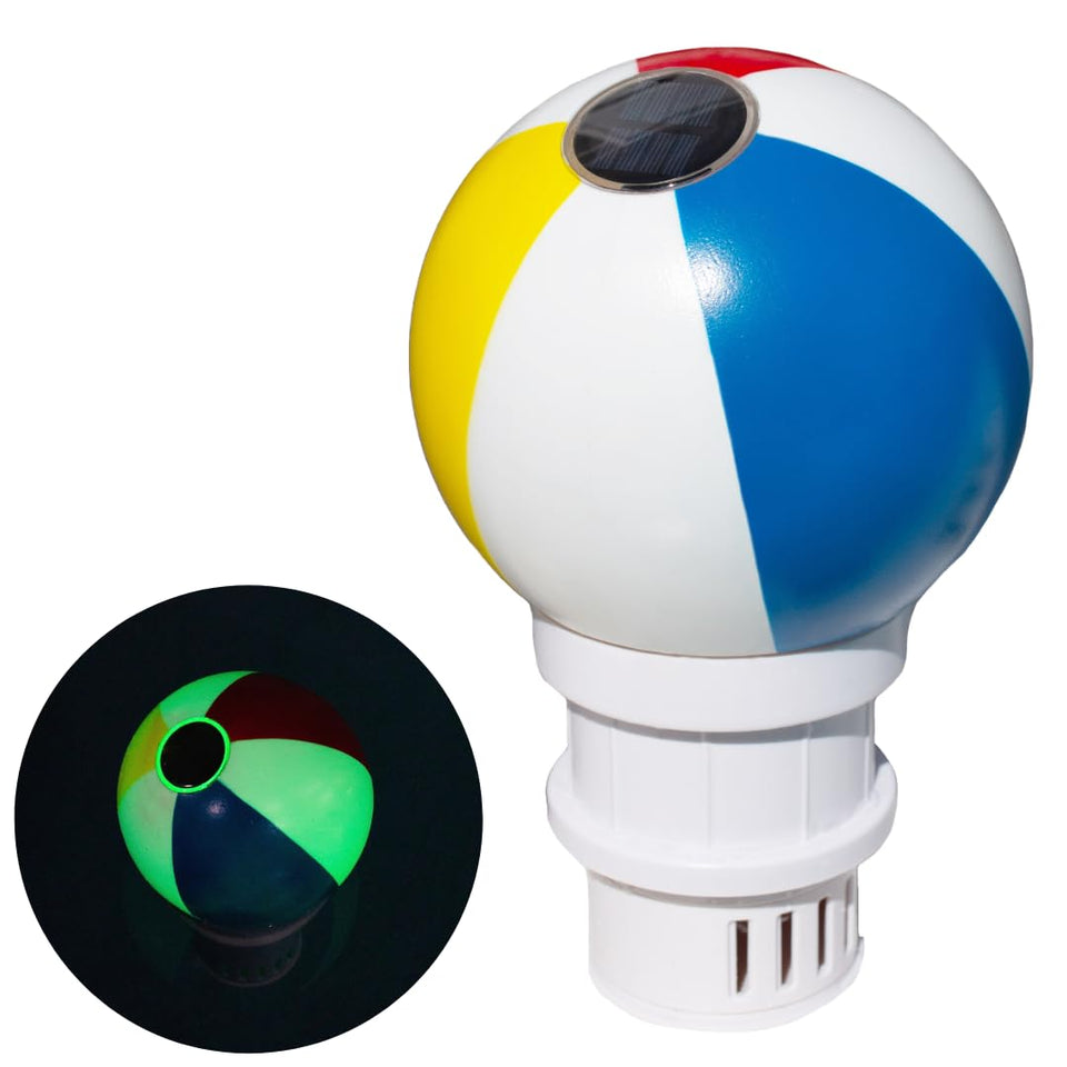 Blue Mano Beach Ball chlorine dispenser floating for steady tablet release in pool.