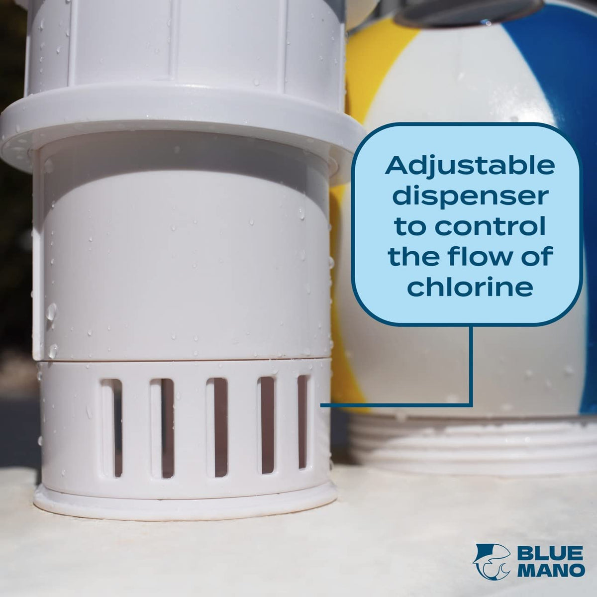 Blue Mano adjustable flow vent chlorine dispenser for controlled dosing.