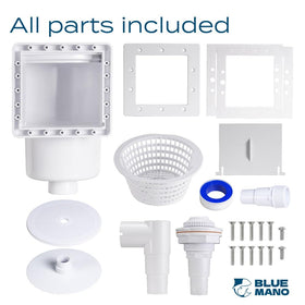 Blue Mano skimmer basket demonstrates large debris capacity for quick, less frequent cleaning.