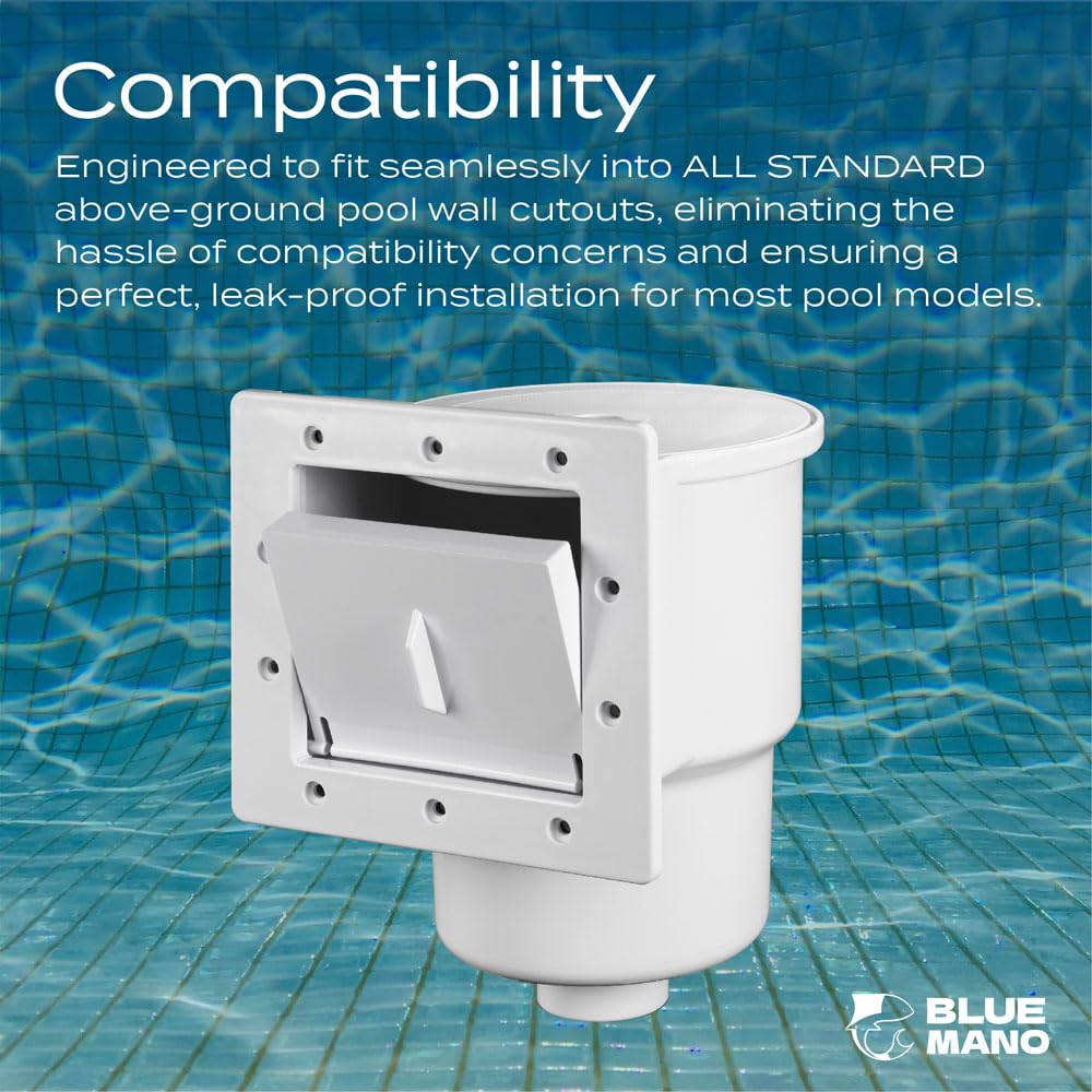 Blue Mano skimmer faceplate demonstrates simple replacement for standard 6-inch wall openings.