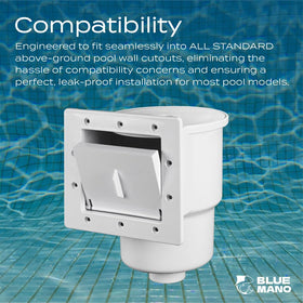 Blue Mano skimmer faceplate demonstrates simple replacement for standard 6-inch wall openings.
