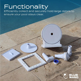 Blue Mano hose adapter highlights flexible connection to standard pool hoses.