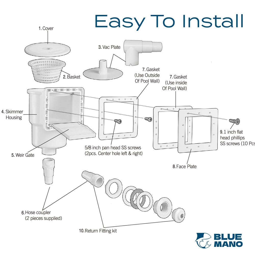 Blue Mano skimmer weir door demonstrates reliable debris control.