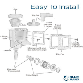 Blue Mano skimmer weir door demonstrates reliable debris control.