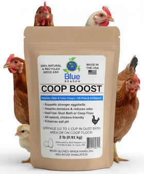 Blue Reason Coop Boost wood ash bag for moisture and odor control in chicken coops.