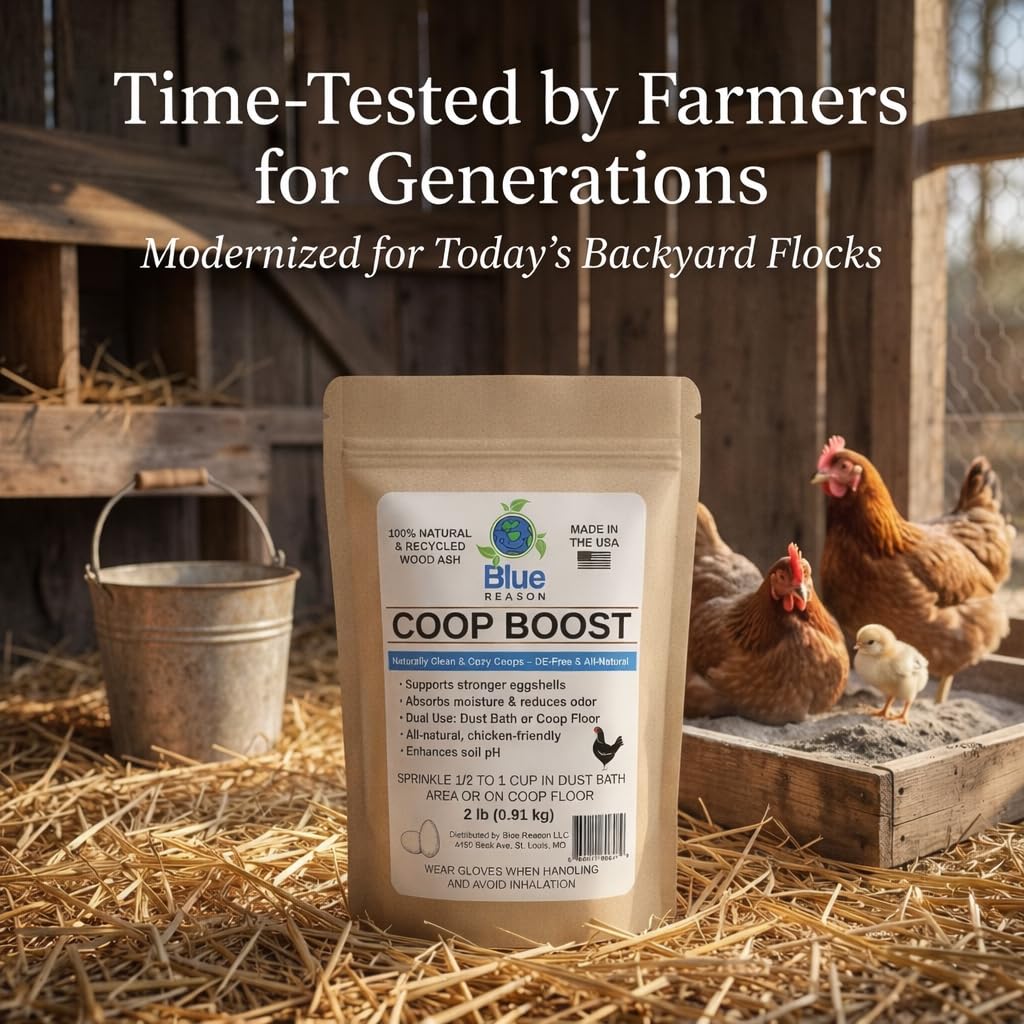 Blue Reason Coop Boost calcium-rich ash improves environment for healthy-feathered hens.