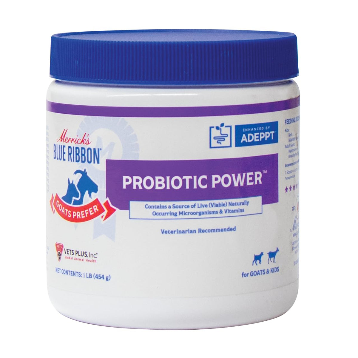 Blue Ribbon Goat Probiotic powder bottle supports digestive balance in goats.