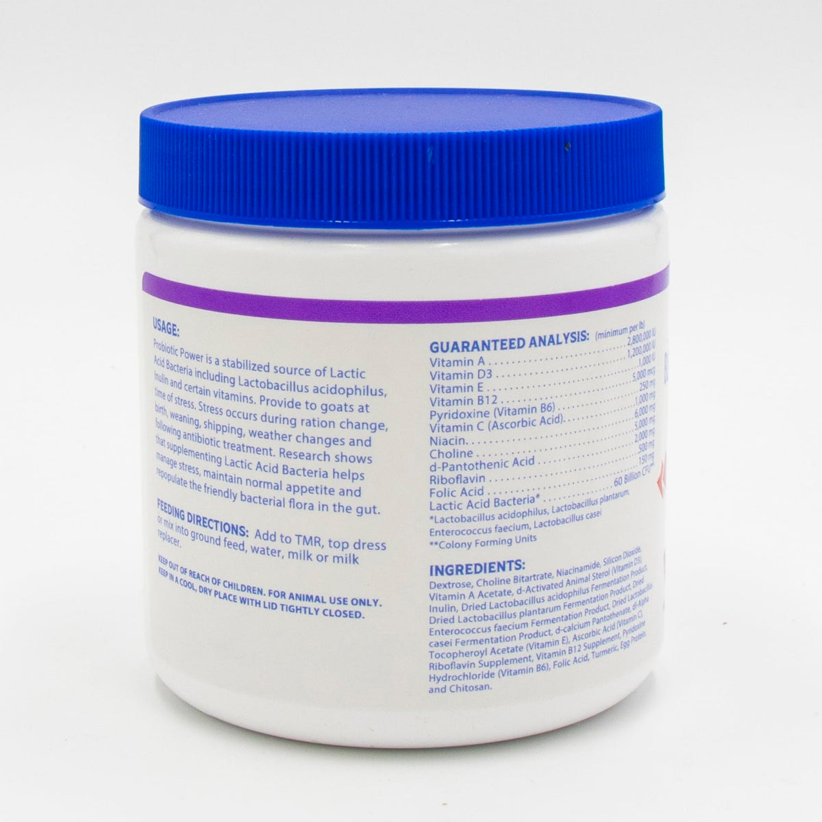 Blue Ribbon Goat Probiotic powder scoop and jar ready for stress-ready feeding.