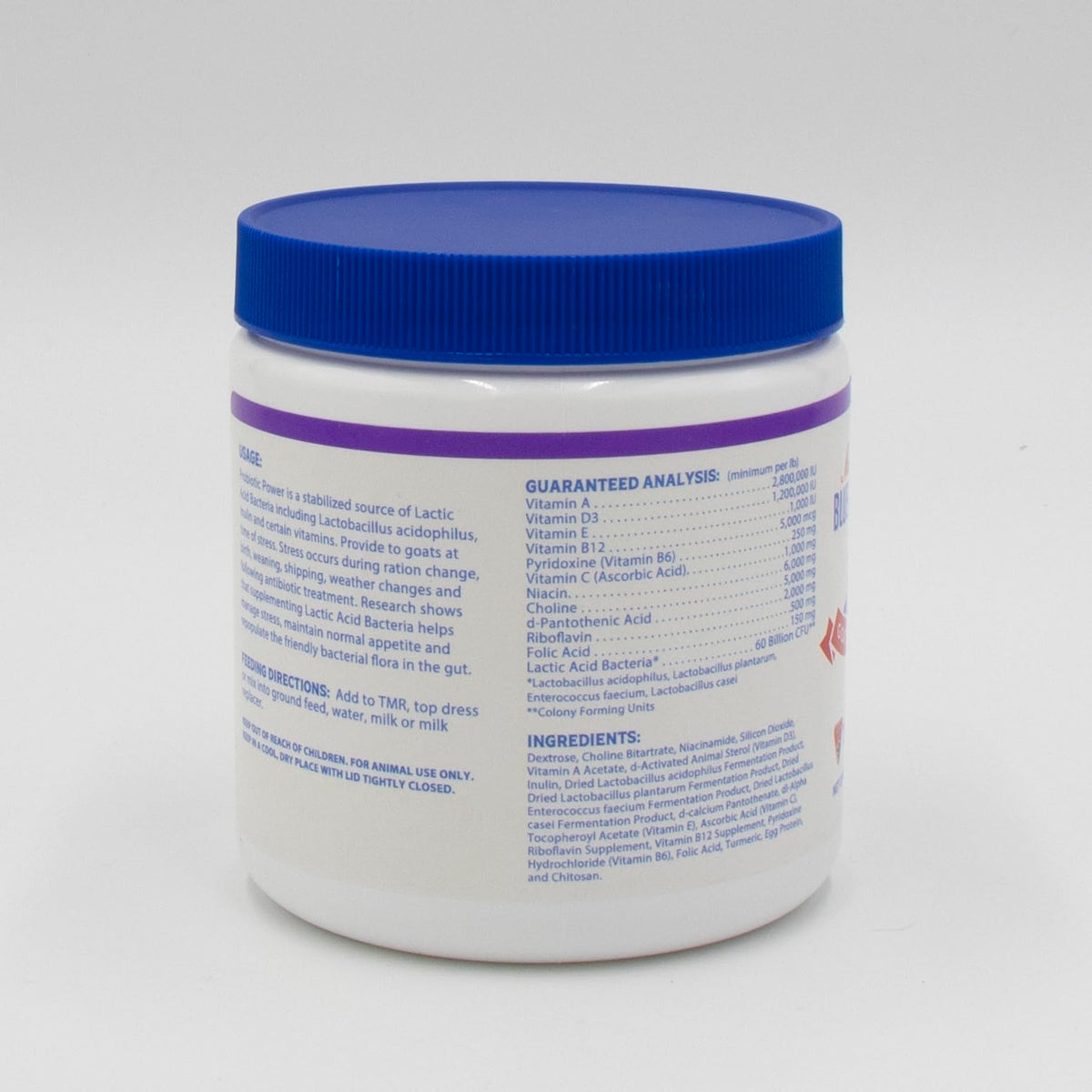 Blue Ribbon Goat Probiotic powder measuring spoon enables precise dosing.