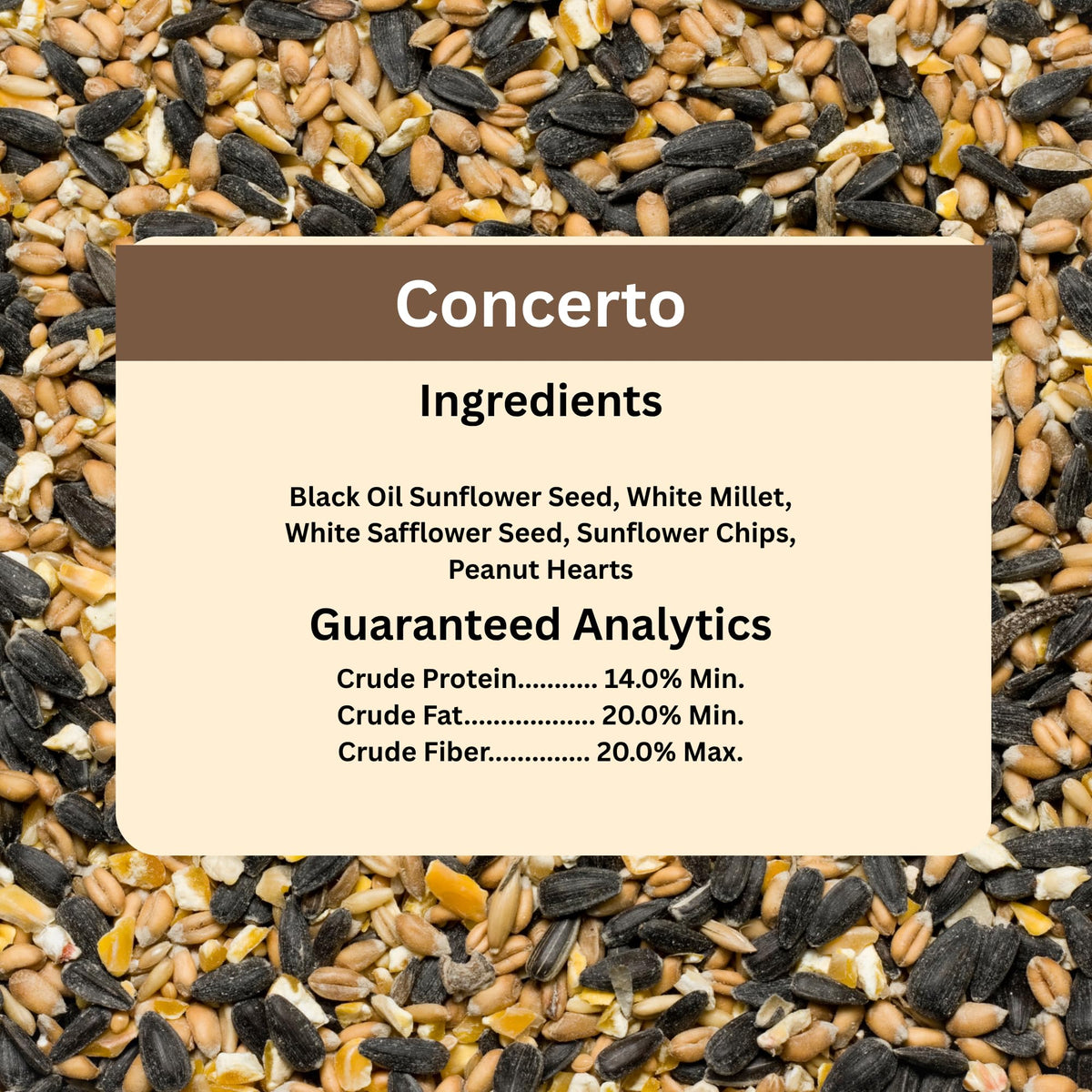 Ingredients list highlights sunflower, millet, safflower and peanut hearts