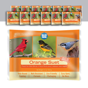 Blue Seal orange suet cakes attract woodpeckers to the feeder all winter.