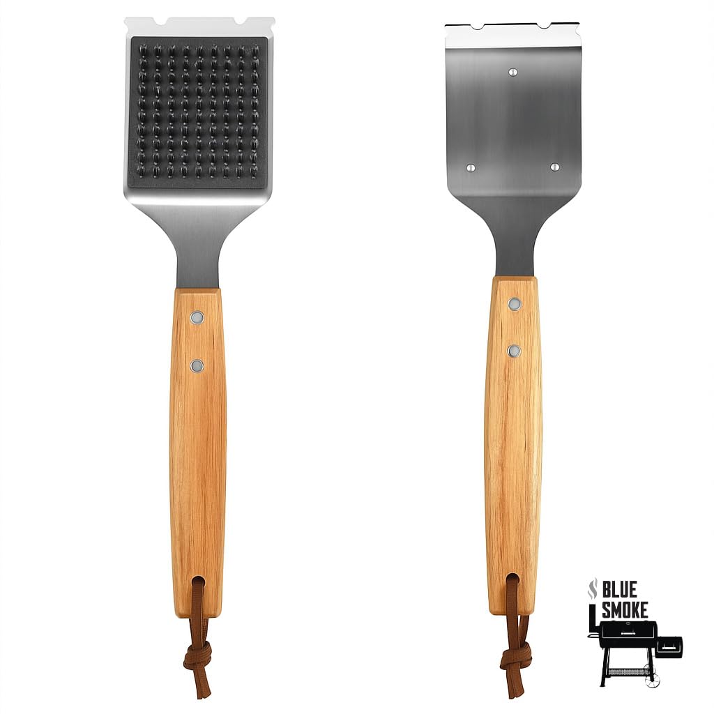 Blue Smoke Grill Brush leather hanger displayed for easy storage.