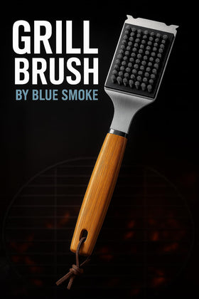 Blue Smoke Grill Brush wooden handle visible for ergonomic grip.
