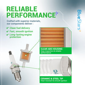 BlueStars compatibility highlights with Kawasaki and other mower brands.