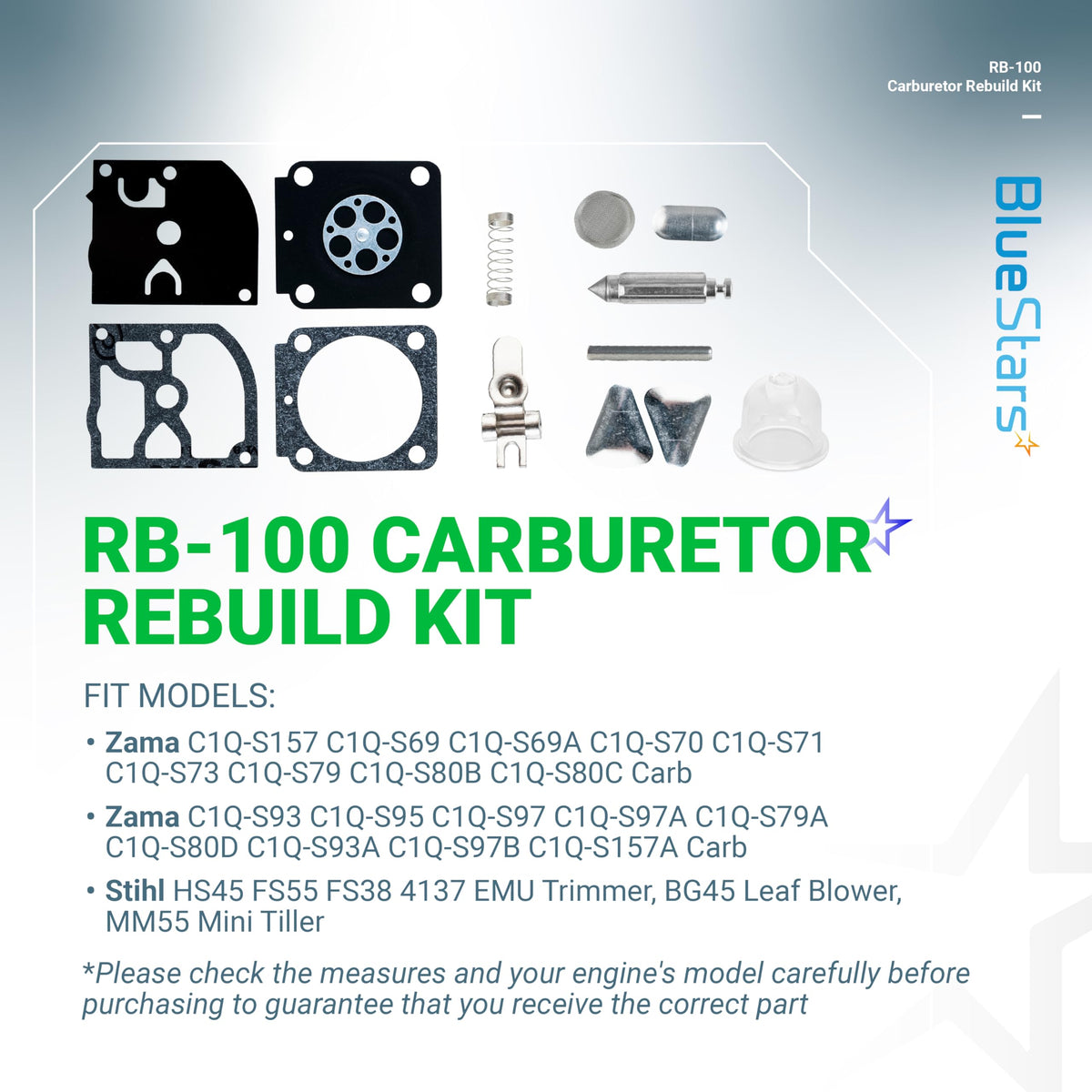 BlueStars RB-100 kit components arranged for easy installation and compatibility.