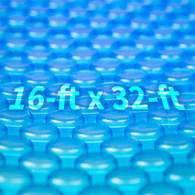 Blue Wave 16x32 rectangular solar blanket on pool showing full-coverage heat potential