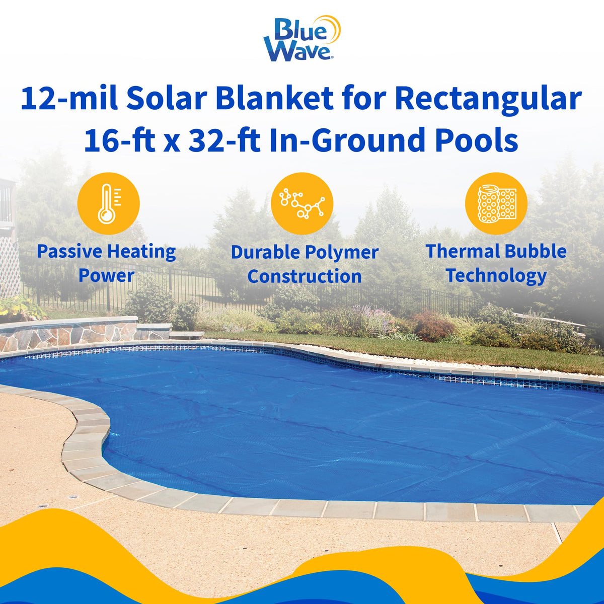 Blue Wave illustration highlighting evaporation reduction with solar blanket