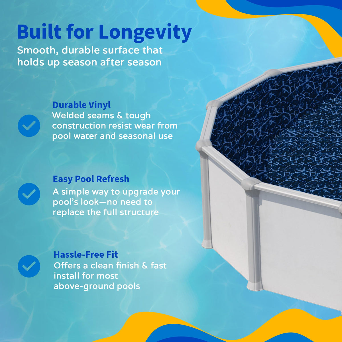 Blue Wave Evening Bay installation-ready liner shown for oval pools