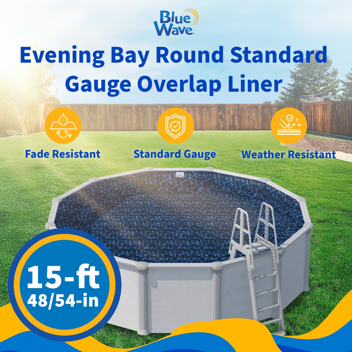 Blue Wave Evening Bay overlap-fit 48-54in-depth for secure installation.
