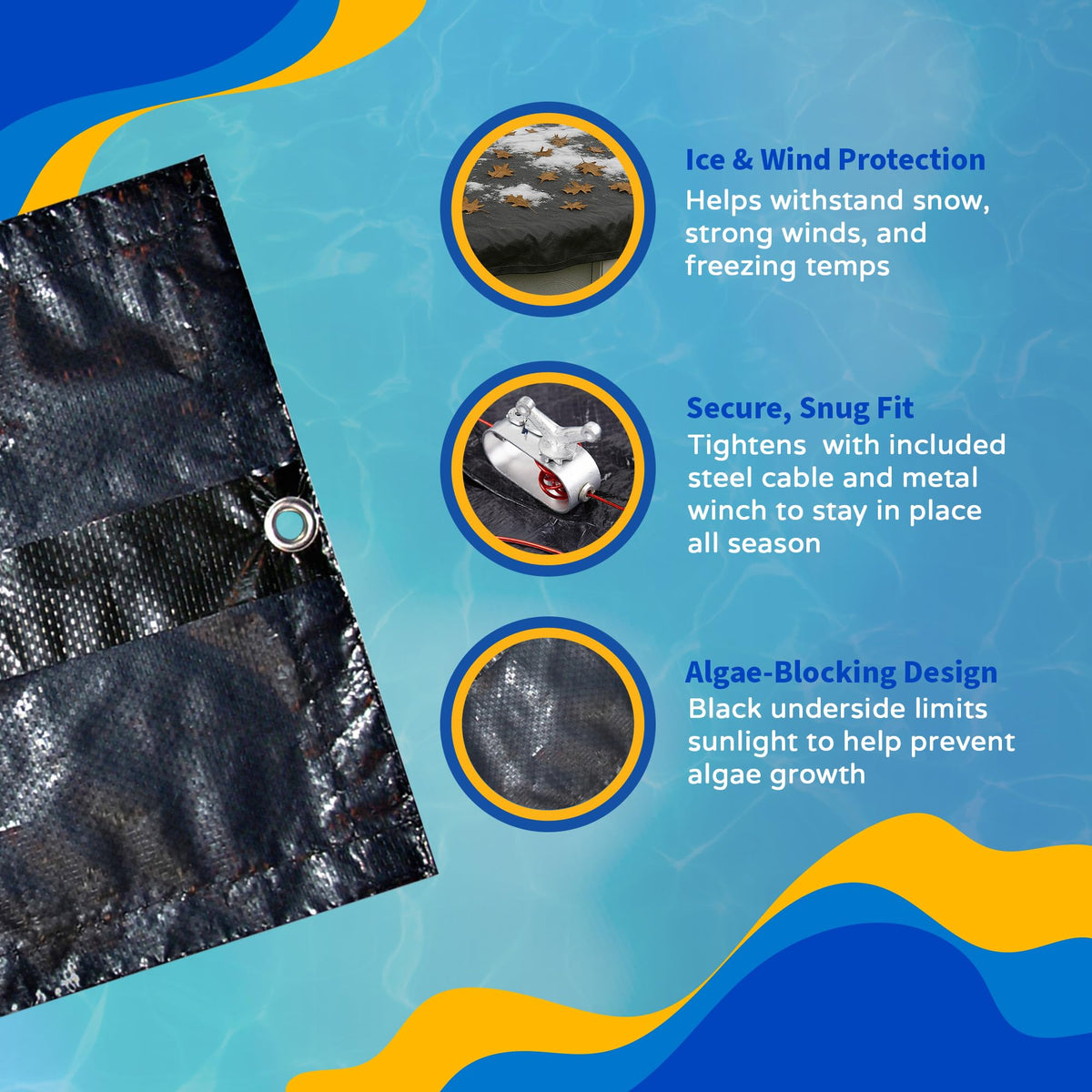 Blue Wave securing system with metal grommets and winch for wind resistance.
