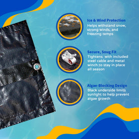 Blue Wave securing system with metal grommets and winch for wind resistance.