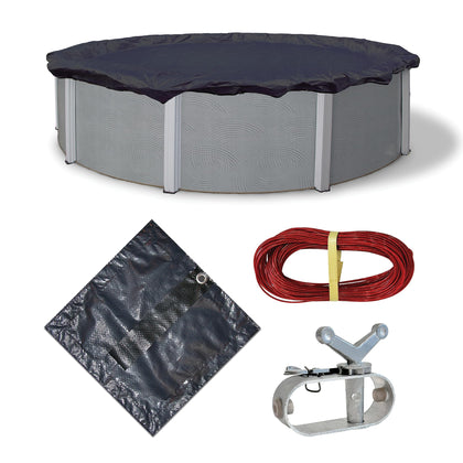 Blue Wave winter cover for 24ft round pool; durable protection against debris.