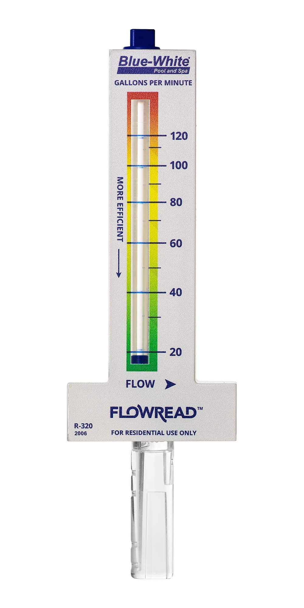 Blue-White FLOWREAD R-320 flow meter on a pool pipe showing flow rate for precise pump tuning.