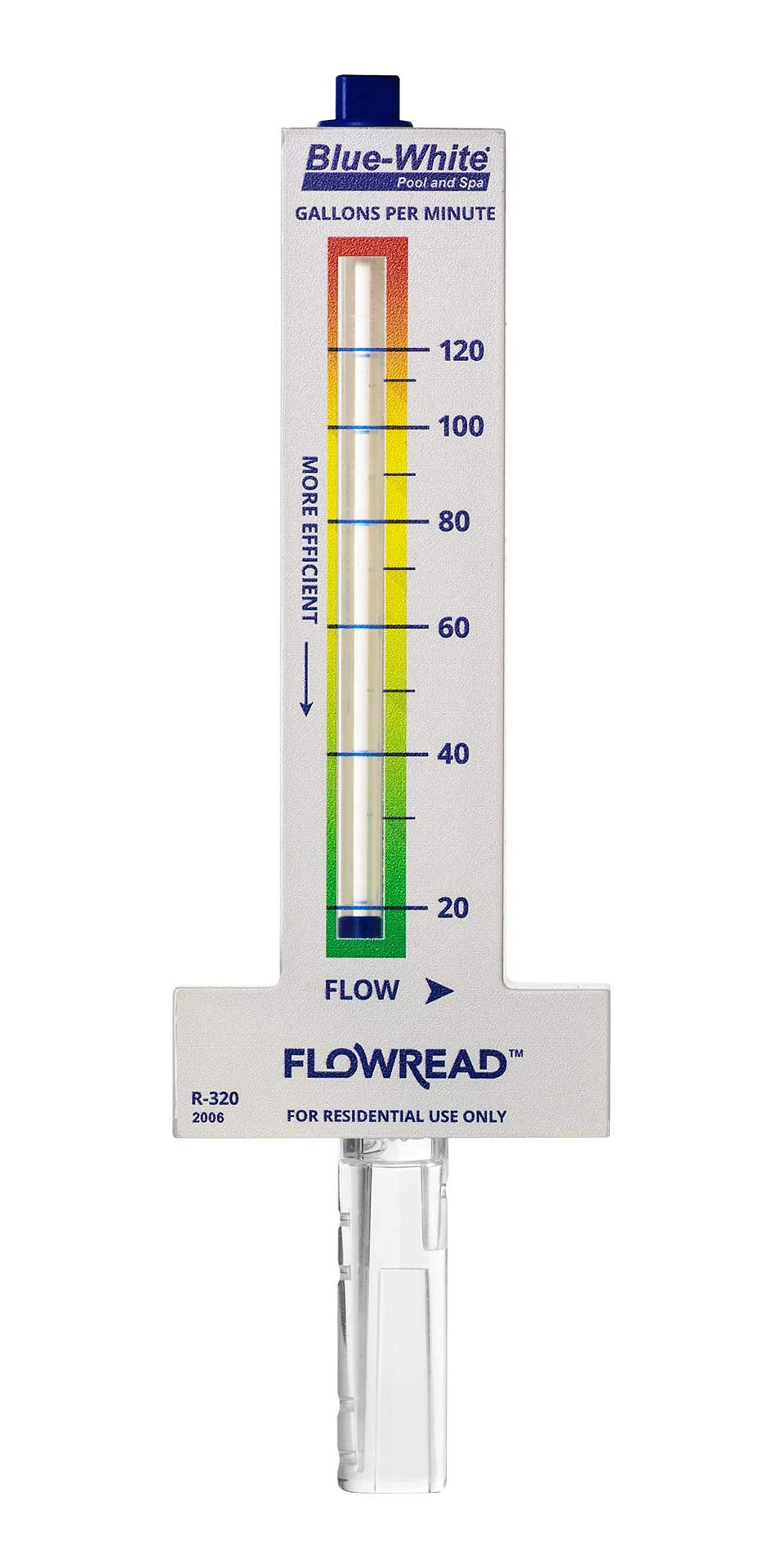 Blue-White FLOWREAD R-320 flow meter on a pool pipe showing flow rate for precise pump tuning.