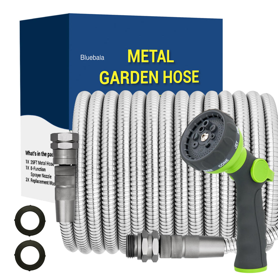 BlueBala 75ft stainless steel hose exterior shell for durable outdoor watering.