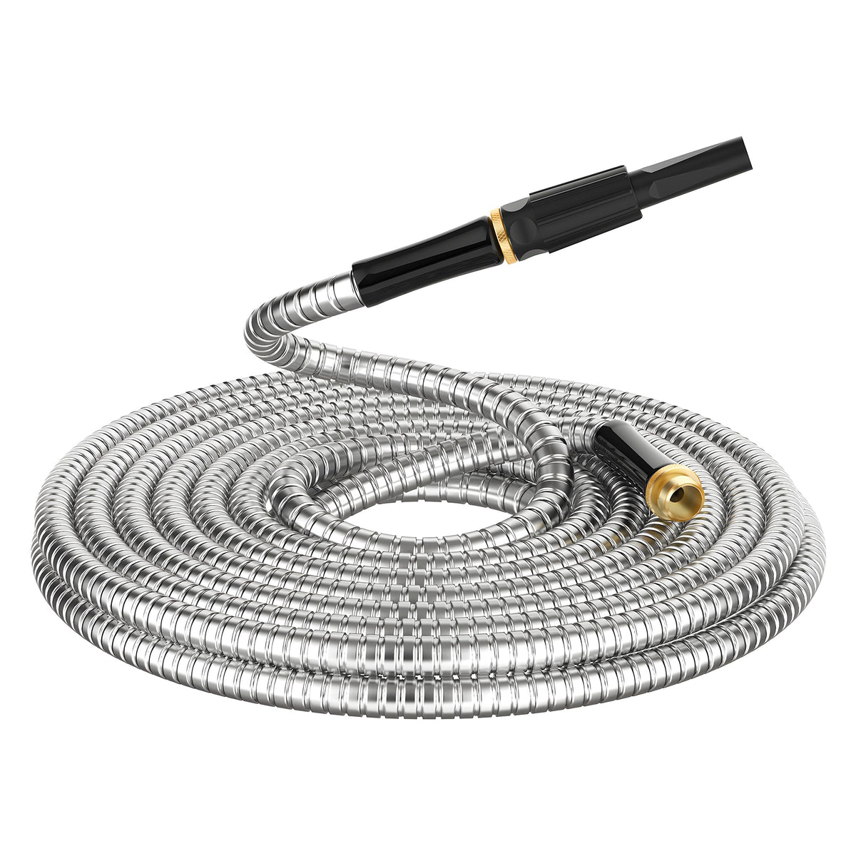 BlueGarden non-expandable metal hose 50ft with rugged stainless steel body for outdoor use.