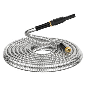 BlueGarden non-expandable metal hose 50ft with rugged stainless steel body for outdoor use.