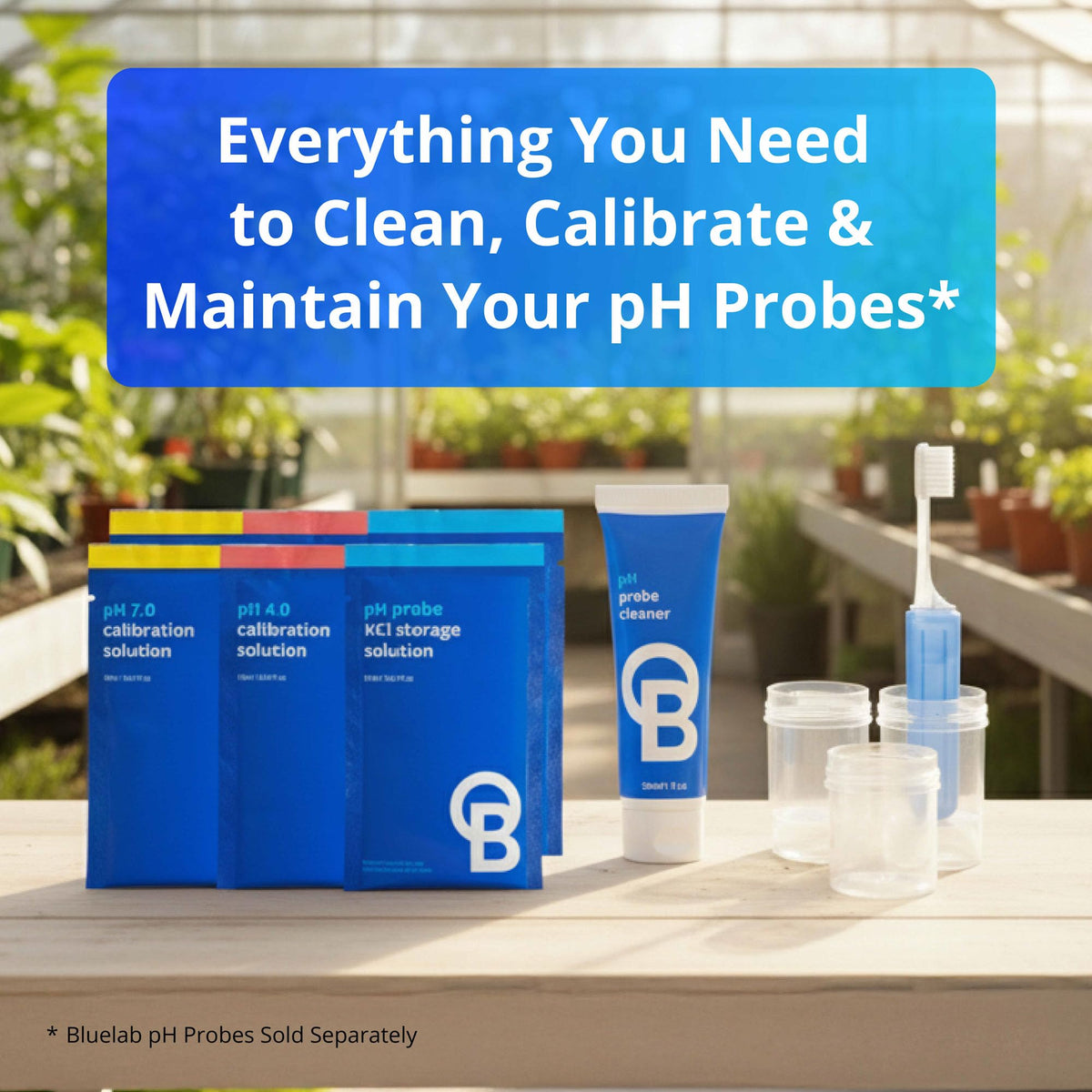 Bluelab CAREKITPH solution vials prepared for pH storage and calibration
