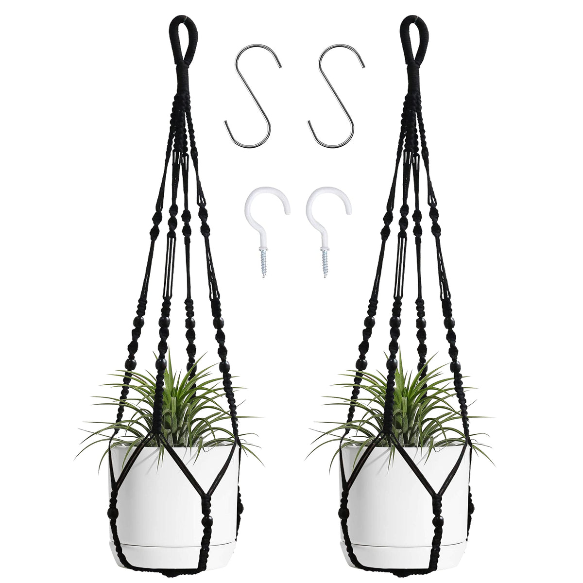 BlueMake macrame plant hanger with wood beads in black holding a pot