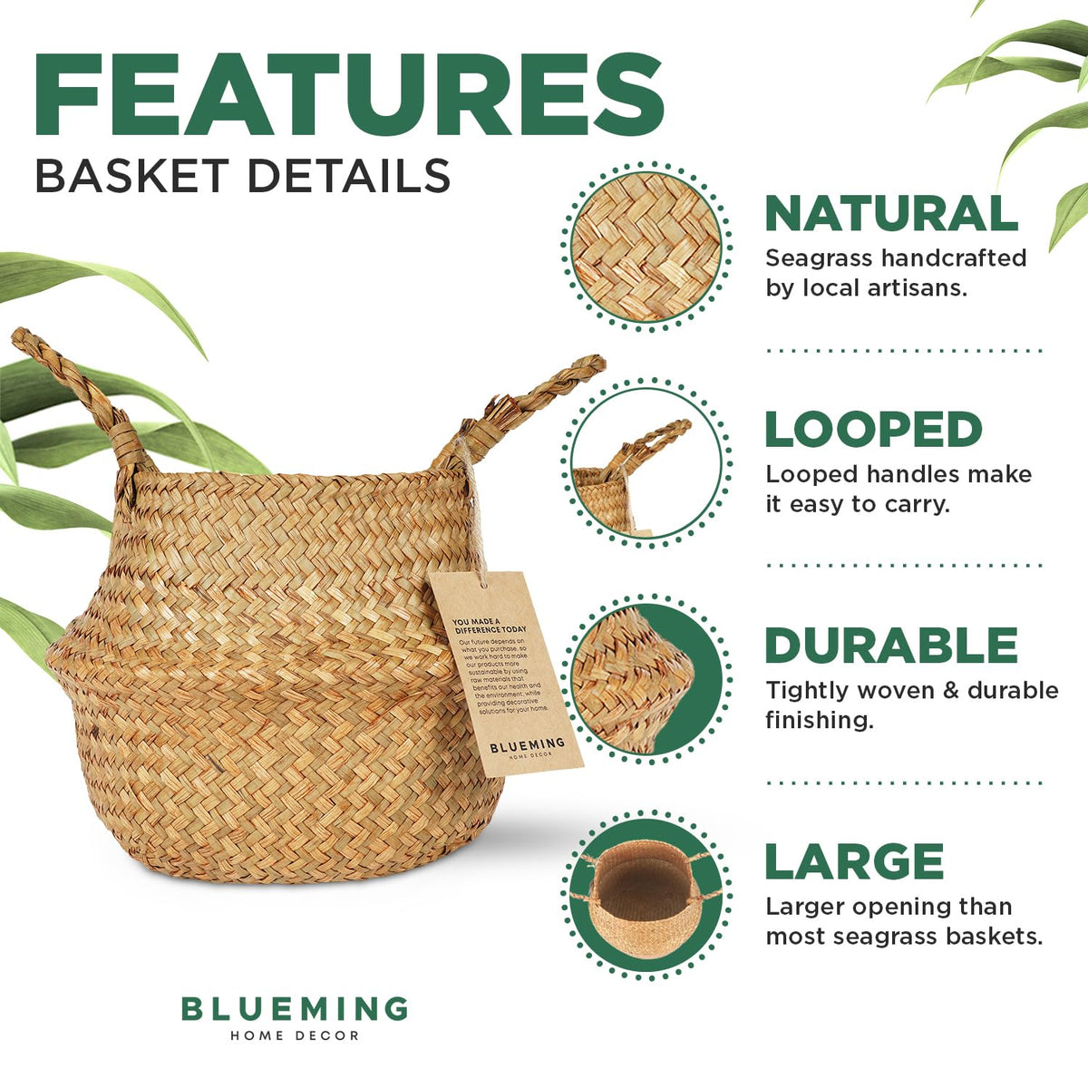 Blueming Basket Planter 7in woven seagrass cover for olive tree indoors