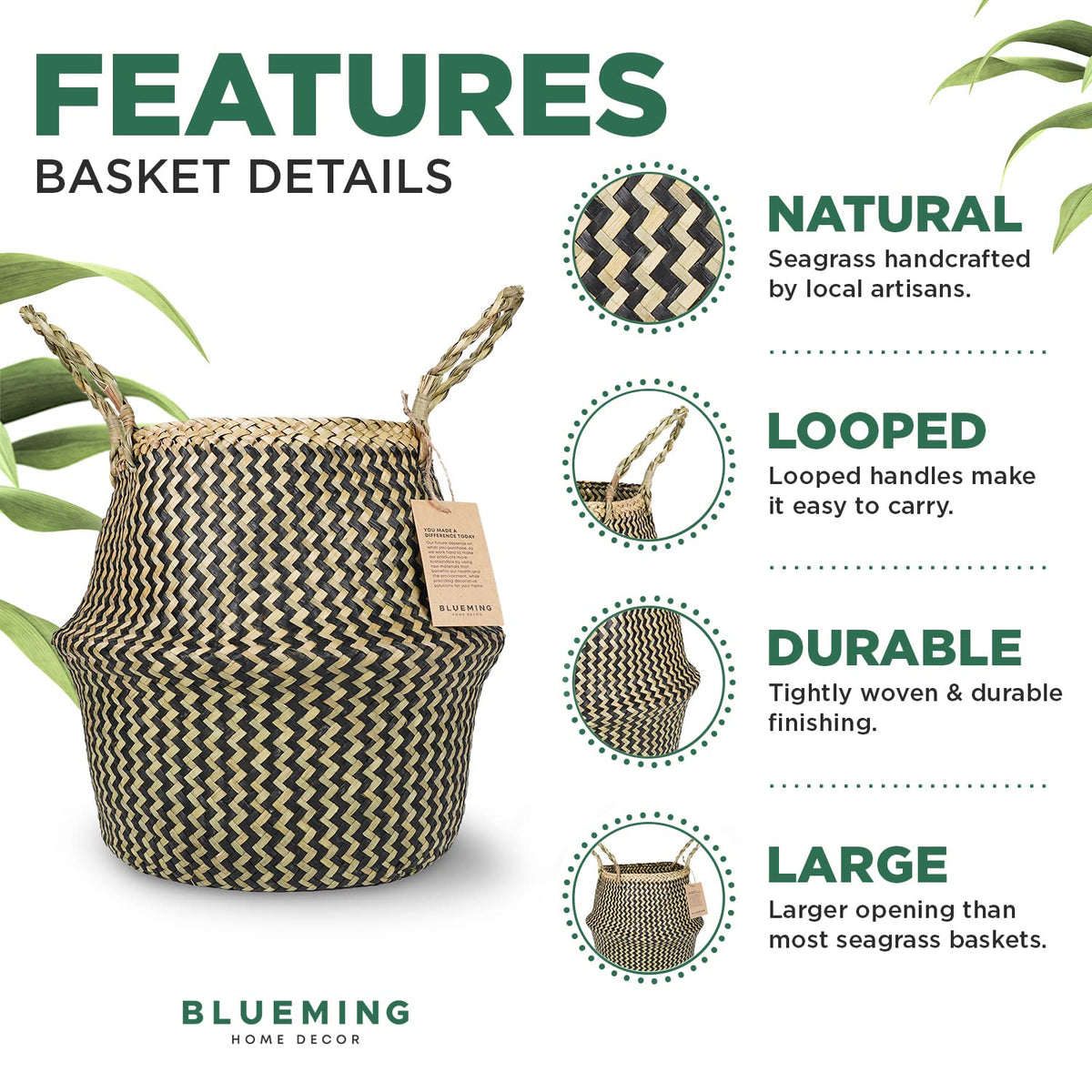 Blueming Home olive-tree display in seagrass basket offers warm, organic decor