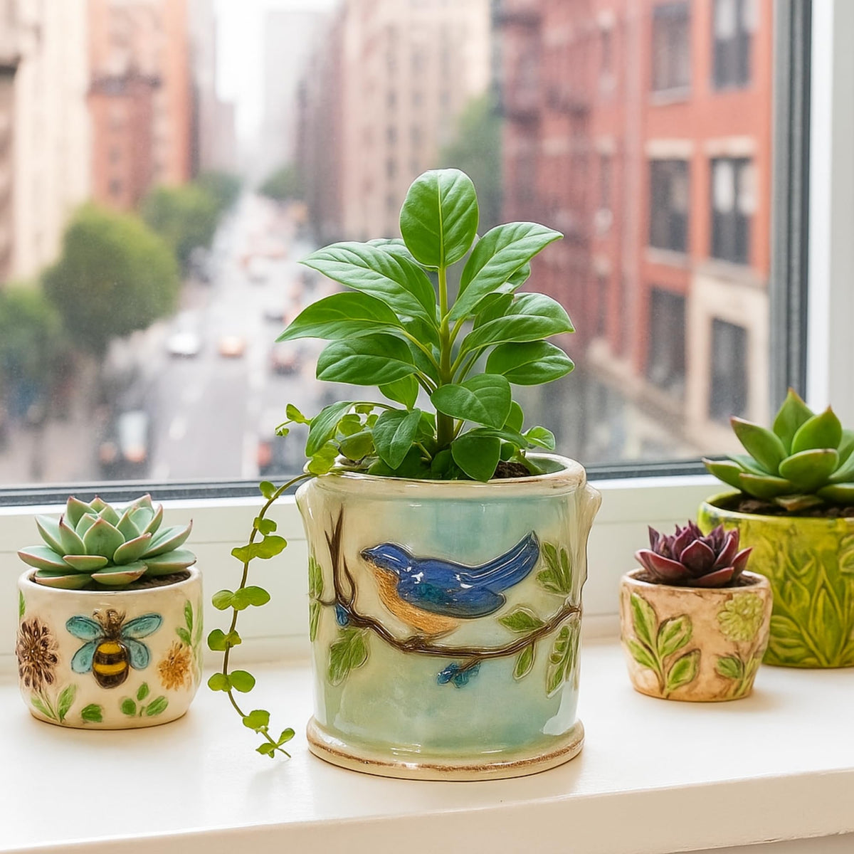 BLUESKY ceramic woodcut farmhouse planter 5-in bottom view, demonstrates sturdy base for indoor/outdoor use.