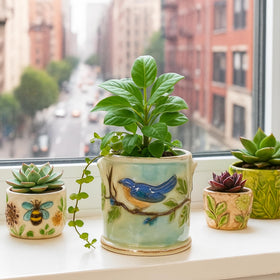 BLUESKY ceramic woodcut farmhouse planter 5-in bottom view, demonstrates sturdy base for indoor/outdoor use.