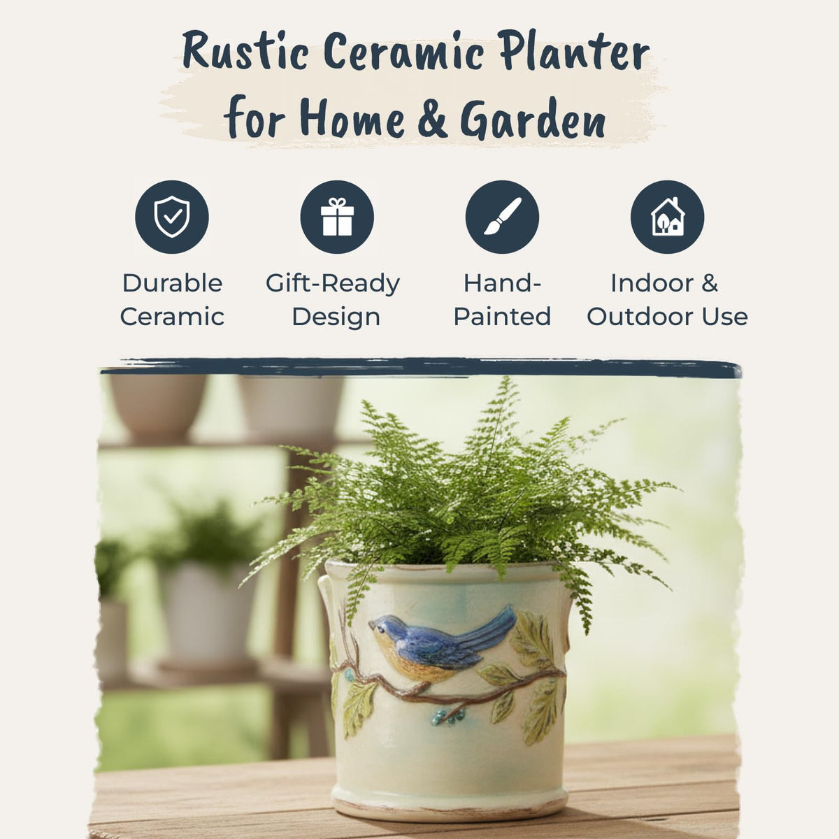 BLUESKY ceramic woodcut farmhouse planter 5-in packaging shot, ready-to-display gift option.