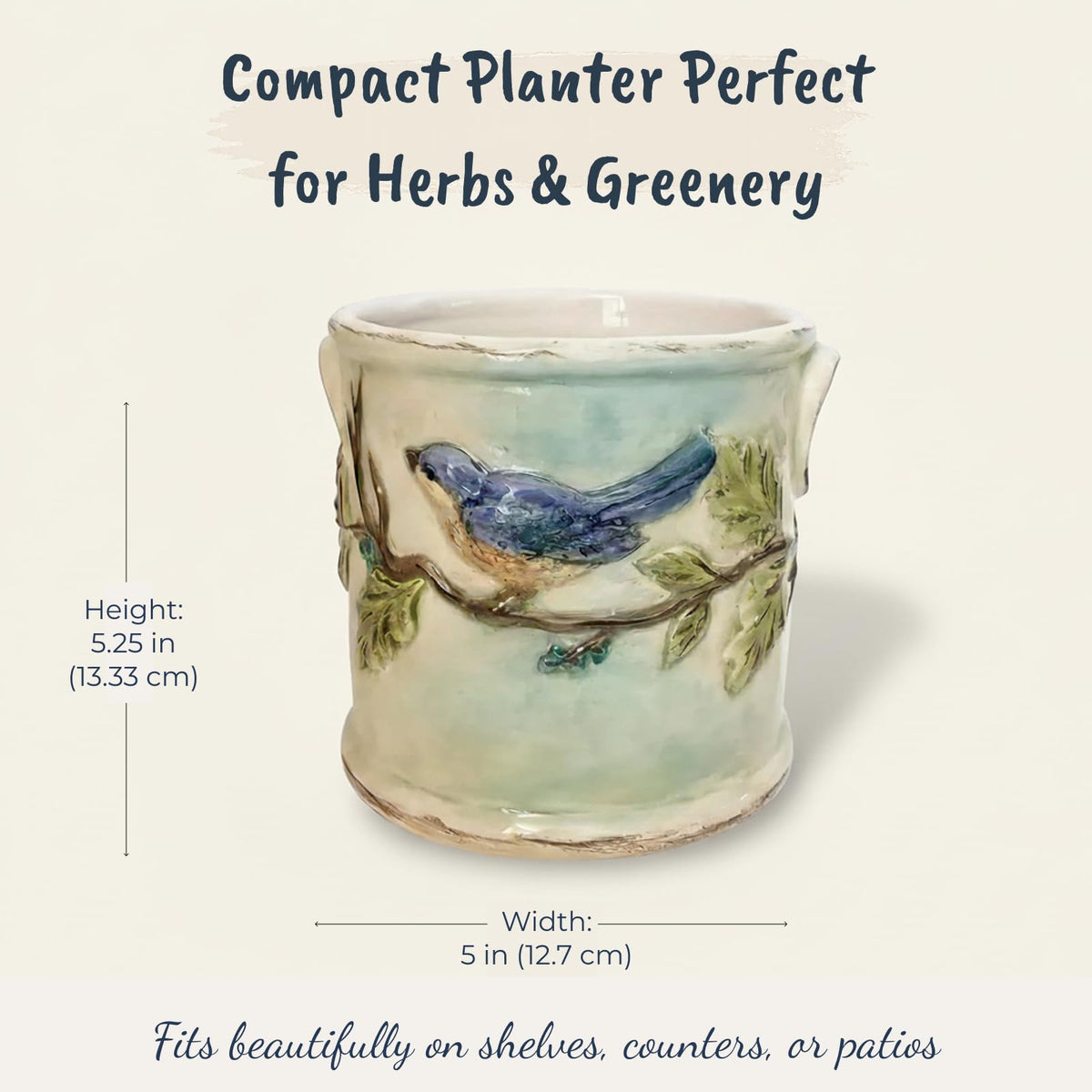 BLUESKY ceramic woodcut farmhouse planter 5-in side view, perfect for small plants and herbs.