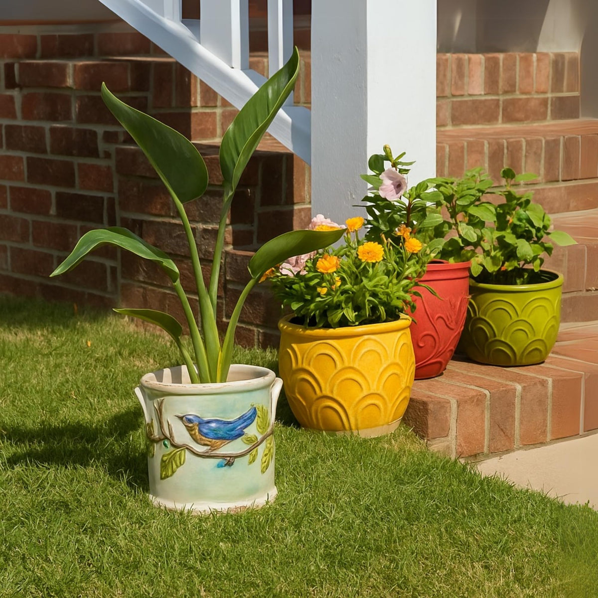 BLUESKY ceramic woodcut farmhouse planter 5-in top closeup, showcases textured glaze and artisan feel.