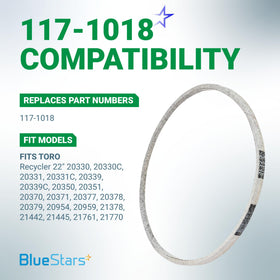 BlueStars 117-1018 belt uses chloroprene rubber and wrapped layer for heat and wear resistance.