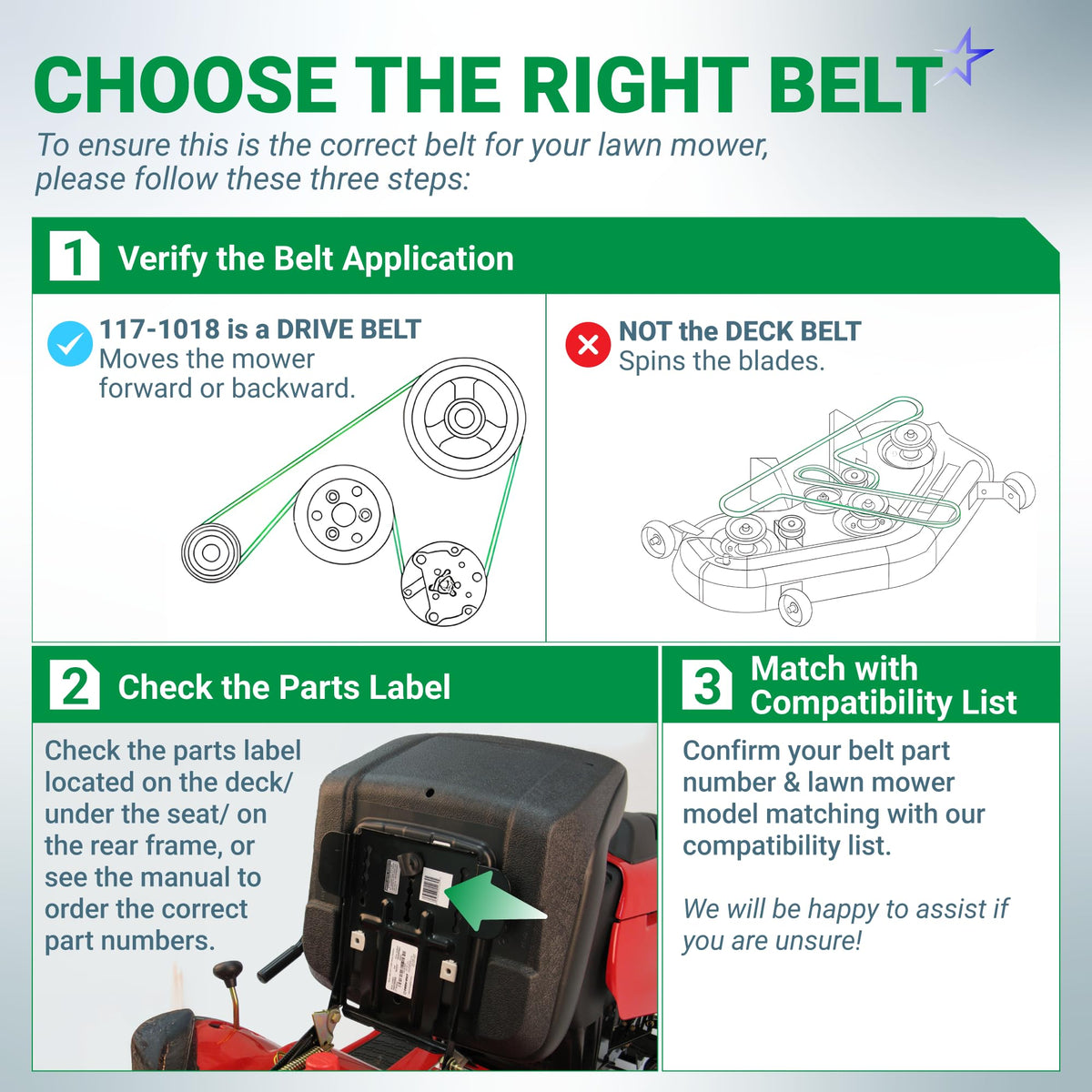 BlueStars 117-1018 belt with two-layer wrap for long wear resistance.