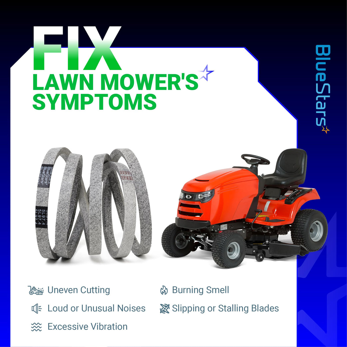 BlueStars 174883 belt grips pulleys to minimize slippage during mowing.