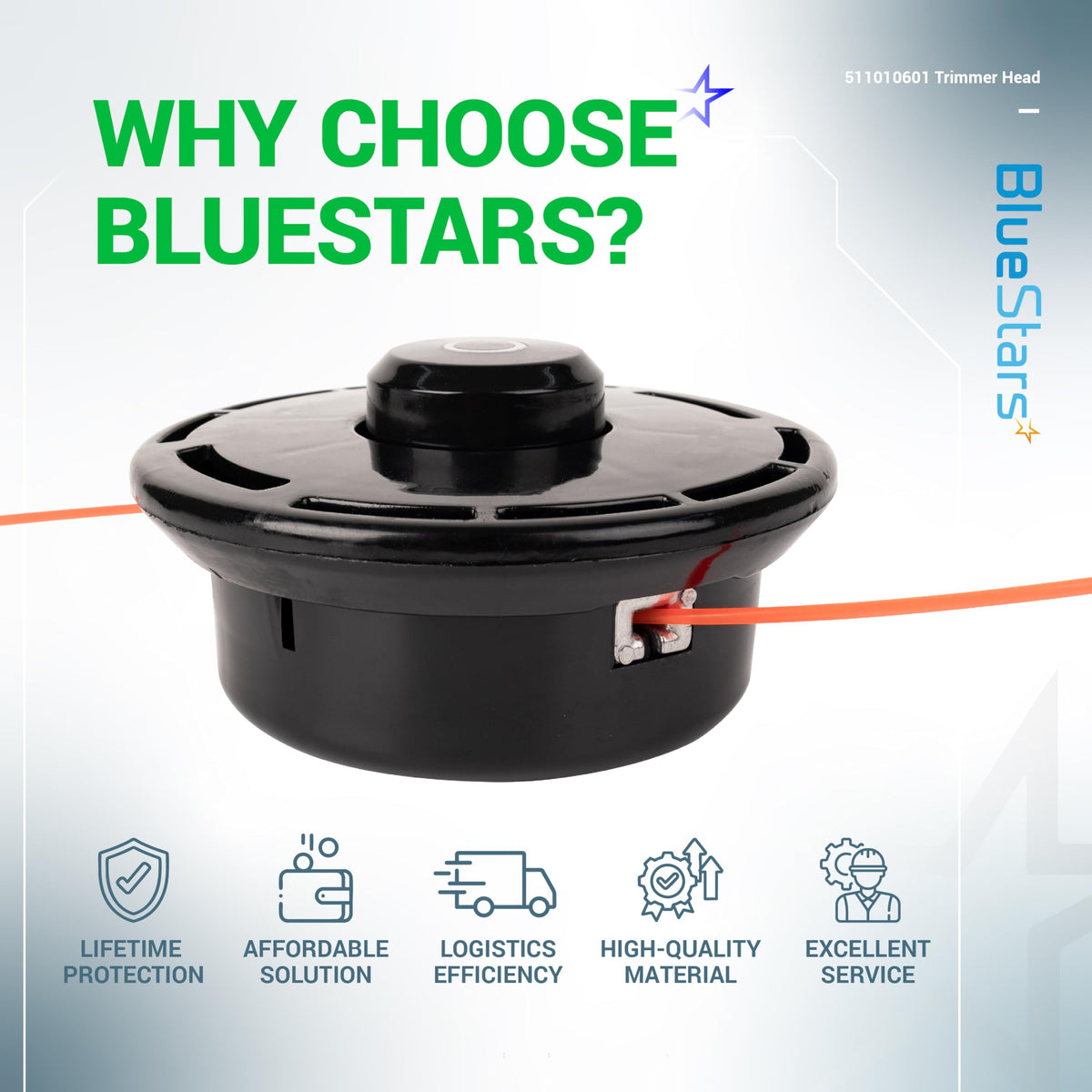 BlueStars trimmer head includes lifetime protection for peace of mind.