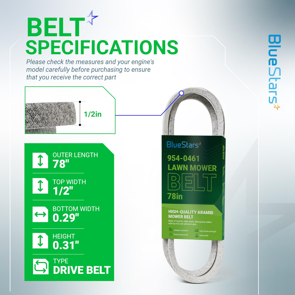 BlueStars 78-inch belt length shown for easy measurement during installation